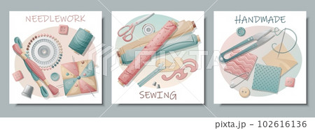 Set of postcards with sewing tools. Embroidery, sewing, needlework, handmade, hobby. Banner, flyer for sewing workshops, ateliers, sewing courses Set of postcards with sewing tools. Embroidery, sewing, needlework, handmade, hobby. Banner, flyer for sewing workshops, ateliers, sewing courses 102616136