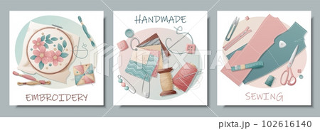 Set of postcards with sewing tools. Embroidery, sewing, needlework, handmade, hobby. Banner, flyer for sewing workshops, ateliers, sewing courses Set of postcards with sewing tools. Embroidery, sewing, needlework, handmade, hobby. Banner, flyer for sewing workshops, ateliers, sewing courses 102616140