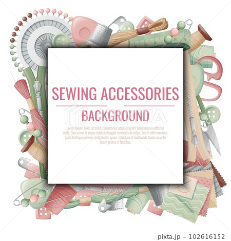 Frame with sewing accessories. Vector template with drawn colorful illustrations of sewing tools and supplies. Poster, banner for a sewing shop or studio 102616152