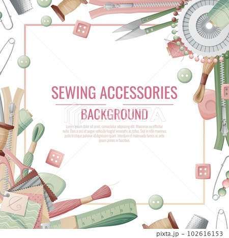 Frame with sewing accessories. Vector template with drawn colorful illustrations of sewing tools and supplies. Poster, banner for a sewing shop or studio Frame with sewing accessories. Vector template with drawn colorful illustrations of sewing tools and supplies. Poster, banner for a sewing shop or studio 102616153