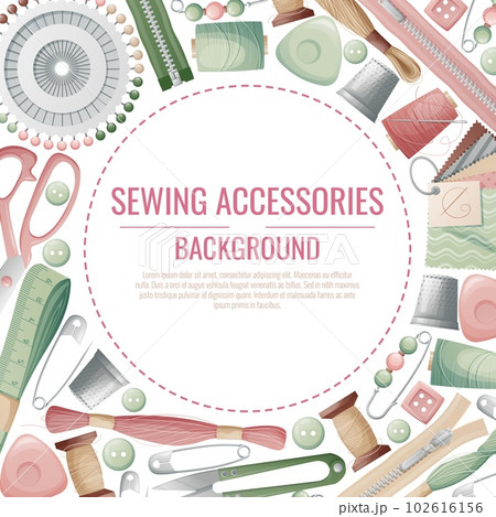 Frame with sewing accessories. Vector template with drawn colorful illustrations of sewing tools and supplies. Poster, banner for a sewing shop or studio Frame with sewing accessories. Vector template with drawn colorful illustrations of sewing tools and supplies. Poster, banner for a sewing shop or studio 102616156