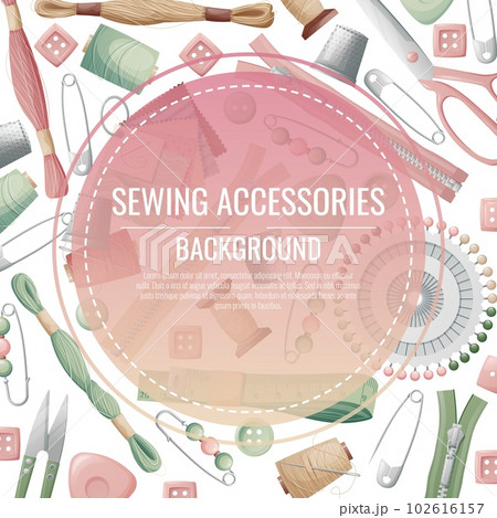 Frame with sewing accessories. Vector template with drawn colorful illustrations of sewing tools and supplies. Poster, banner for a sewing shop or studio Frame with sewing accessories. Vector template with drawn colorful illustrations of sewing tools and supplies. Poster, banner for a sewing shop or studio 102616157