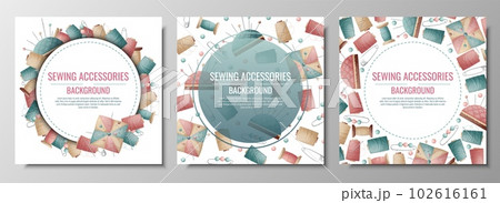 Set of backgrounds with spools of thread and pincushion. Sewing workshop, atelier, tailoring. Banner, poster, flyer with sewing accessories Set of backgrounds with spools of thread and pincushion. Sewing workshop, atelier, tailoring. Banner, poster, flyer with sewing accessories 102616161
