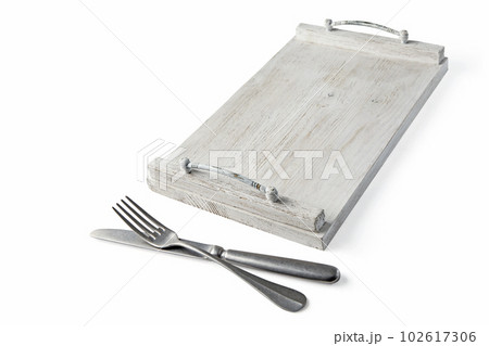Wooden tray with cutlery painted with white paint isolated on white background 102617306