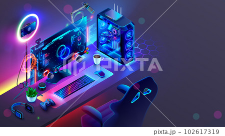 Gaming powerful computer or gamer rig with computer game on screen. Monitor on table in gamer room with neon light in the dark. Gaming PC on workplace. Online video game interface on screen PC. 102617319
