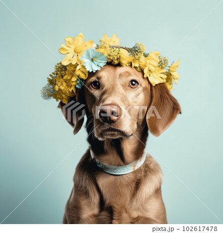 Dog with flower wreath on head. Realistic lifestyle portrait. Generative AI Dog with flower wreath on head. Realistic lifestyle portrait. Generative AI 102617478