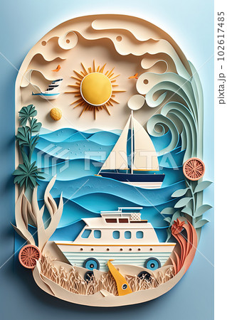 Summer vacation card with sea, palms, boat and sun. Papercut style. Sandy beach, beach on ocean, tropical landscape. Generative AI 102617485