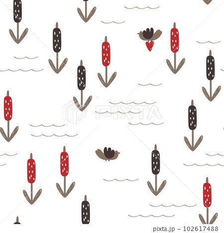 Reed, Cattail, Cane Doodle hand drawn Seamless Pattern in Scandinavian Style. Reed, birds, and water. Vector Cartoon Background Reed, Cattail, Cane Doodle hand drawn Seamless Pattern in Scandinavian Style. Reed, birds, and water. Vector Cartoon Background 102617488