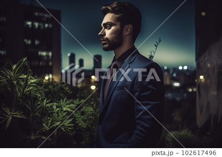 Stressed man in suit in melancholic city at night. Abstract career challenge in city jungle concept. Generative AI Stressed man in suit in melancholic city at night. Abstract career challenge in city jungle concept. Generative AI 102617496
