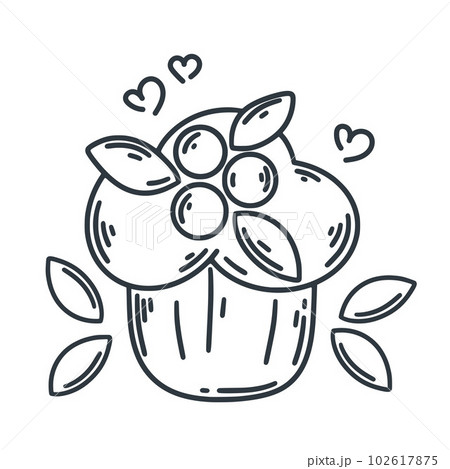 Cupcake with berries and mint leaves doodle illustration 102617875