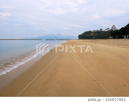 冬の西の浜海水浴場と唐津城　（佐賀県唐津市） 102617881