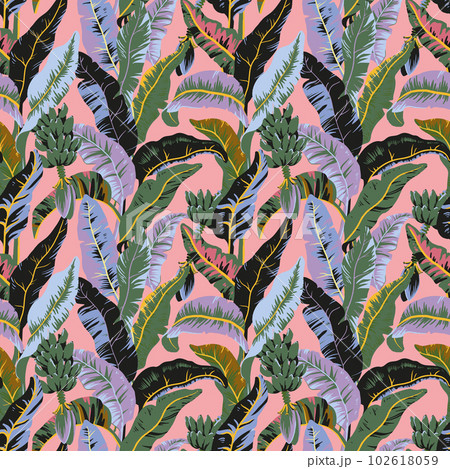 Beautiful seamless pattern with hand drawn colorful tropical palm leaves. Stock illustration. Wallpapper textile fabric design. 102618059