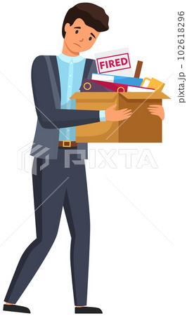 Layoff concept. Unhappy fired man leave the office with things in box isolated on white background Layoff concept. Unhappy fired man leave the office with things in box isolated on white background 102618296