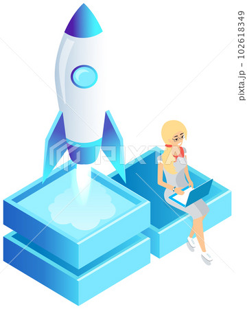 Startup business project, woman is using laptop to control rocket in space, business mission Startup business project, woman is using laptop to control rocket in space, business mission 102618349