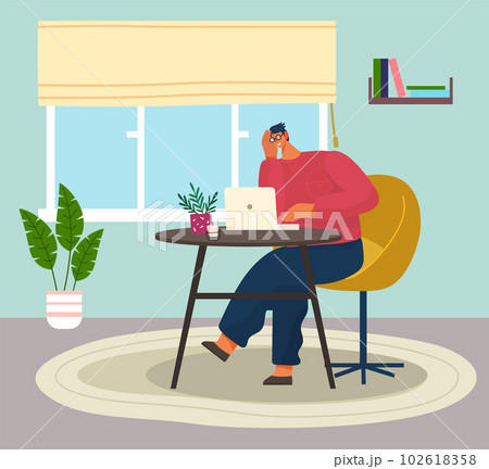 Programmer in eyeglasses with on table sitting and using computer, quarantine distance work 102618358