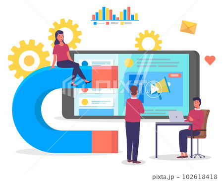 Meeting conference in office. Big magnet and people with laptop around. Customer retention strategy Meeting conference in office. Big magnet and people with laptop around. Customer retention strategy 102618418