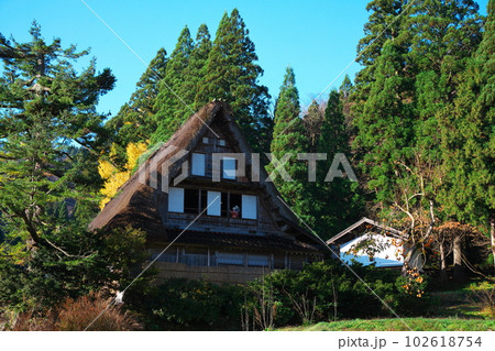 富山県南砺市 相倉合掌村 晩秋の朝霧煙る合掌造りの家 富山県南砺市 相倉合掌村 晩秋の朝霧煙る合掌造りの家 102618754