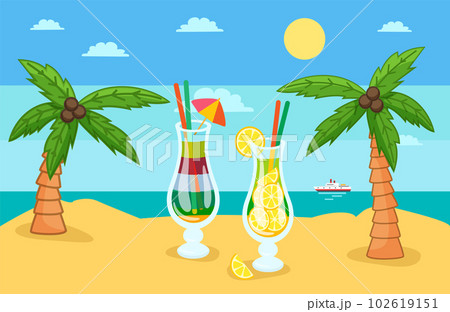 Huge glass with exotic cocktail on tropical beach with palm trees in sunny day vector illustration Huge glass with exotic cocktail on tropical beach with palm trees in sunny day vector illustration 102619151