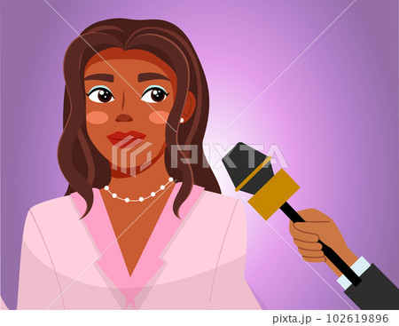 Press conference with woman. Journalist with microphone interviews a famous afro american girl Press conference with woman. Journalist with microphone interviews a famous afro american girl 102619896