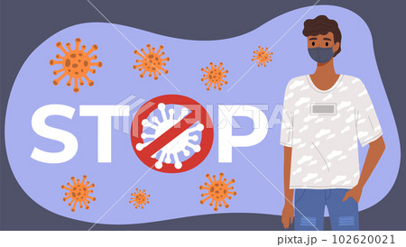 Indian boy is using a mask. Male character on self-isolation during quarantine due to covid-19 102620021