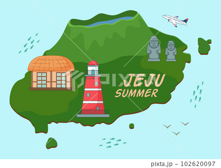 Banner with image of the main attractions of the south korean island Jeju, travel postcard 102620097
