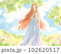 森の中に佇む女性を描いた水彩画風イラスト 102620517