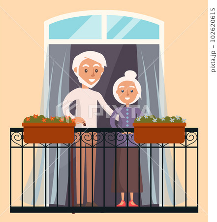 Elderly people in love resting at home. Couple looks out the window on the balcony of house 102620615
