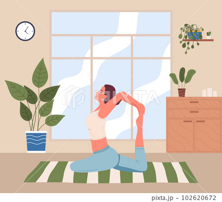 Woman doing yoga exercise. Young fit girl in sports wear sitting on the floor in room and stretching 102620672