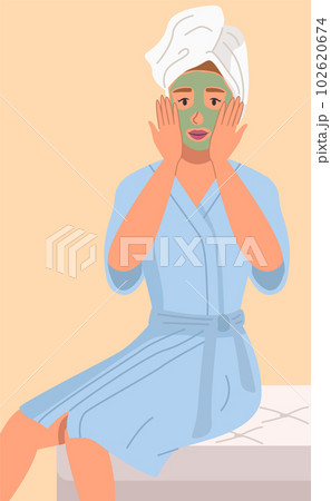 Girl is doing morning routine. Woman in bathrobe applying face mask to skin vector illustration 102620674