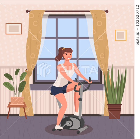Woman doing cycling exercise. A girl with bike trainer doing sports at home near the window Woman doing cycling exercise. A girl with bike trainer doing sports at home near the window 102620712