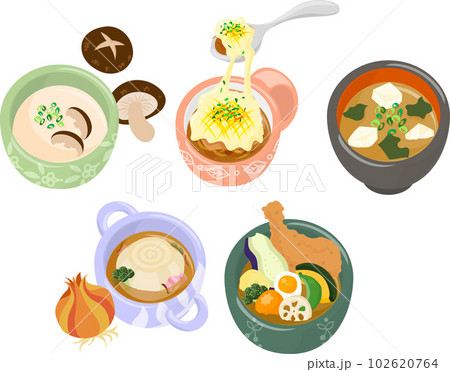 タマネギ丸ごとスープやスープカレーなどのいろいろな美味しいスープのアイコン 102620764