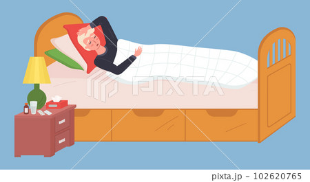 Male character having cold and lying in bed. Health care and treatment of diseases concept 102620765
