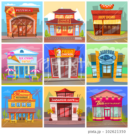 Different cafe and restaurant facade buildings. View from the street, bright color showcase 102621350