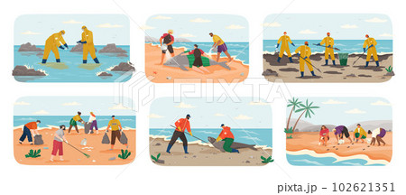 People with garbage on beach. Active people cleaning toxic seaside. Collaboration of volunteers clean up waste on ocean or sea coast People with garbage on beach. Active people cleaning toxic seaside. Collaboration of volunteers clean up waste on ocean or sea coast 102621351