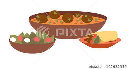 Arabic cuisine dishes vector illustration. Kosher food emblem isolated on a white background Arabic cuisine dishes vector illustration. Kosher food emblem isolated on a white background 102621356