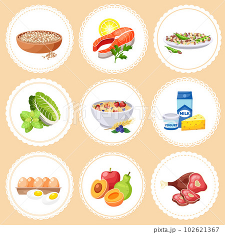 Set of banners, stickers for the recipe cards. Images of products in round lace frames for cooking Set of banners, stickers for the recipe cards. Images of products in round lace frames for cooking 102621367