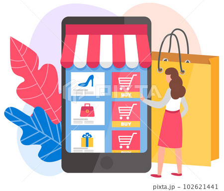 Woman presses button by on the phone screen. Application for online shopping via the internet 102621441