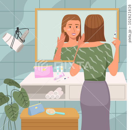 Girl doing morning routine in the bathroom. Woman stands with a syringe to inject into the face Girl doing morning routine in the bathroom. Woman stands with a syringe to inject into the face 102621616