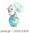 Cute watercolor hippo with balloons. Cartoon character design. 102621908
