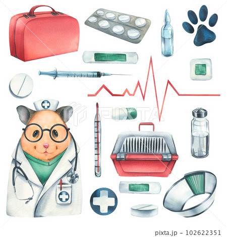 Veterinary set with doctor hamster, pet carrier, medicines. Watercolor illustration, hand drawn. Isolated objects on a white background, for the design of clinics, hospitals, pharmacies, medicines 102622351