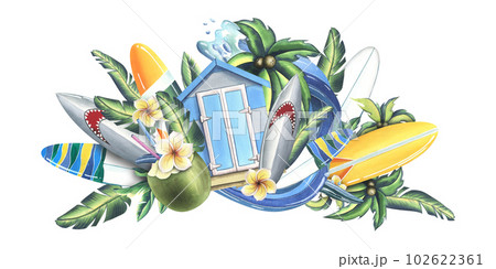 Wooden beach cabin with surfboard, tropical monstera leaves, frangipani flowers, road sign and cocktail in coconut. Watercolor illustration, hand drawn. Isolated composition on a white background 102622361