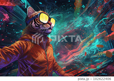 Tiger wearing virtual reality glasses in futuristic setting, vibrant colors. Generative AI Tiger wearing virtual reality glasses in futuristic setting, vibrant colors. Generative AI 102622406