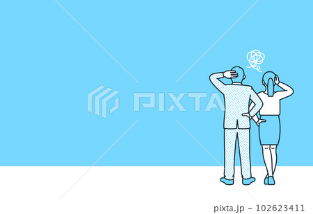 トラブルに頭を抱えるビジネスパーソン。問題の解決策を検討する男女のイラスト素材。 102623411