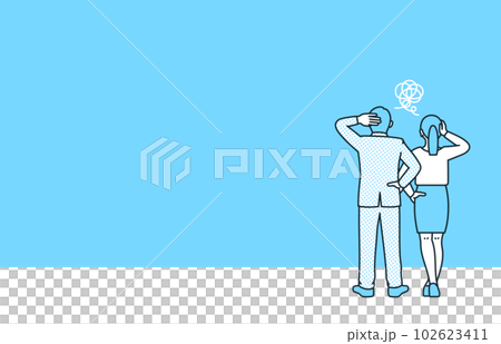 トラブルに頭を抱えるビジネスパーソン。問題の解決策を検討する男女のイラスト素材。 102623411