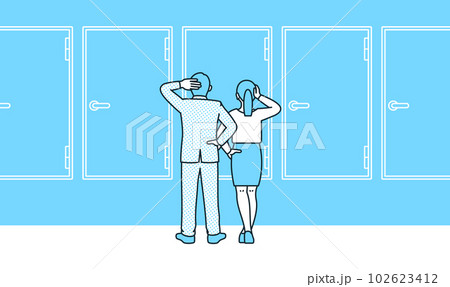 選択肢を比べるイラスト。たくさんの選択肢を前に頭を抱えるビジネスパーソン。 102623412