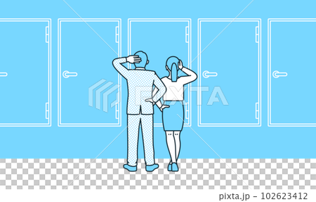 選択肢を比べるイラスト。たくさんの選択肢を前に頭を抱えるビジネスパーソン。 102623412
