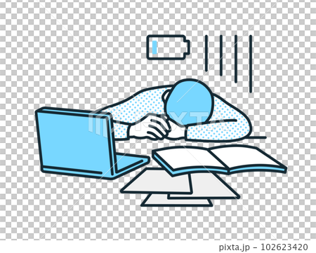 充電切れの男性。仕事で疲弊。疲労困憊のビジネスパーソンのイラスト素材。 充電切れの男性。仕事で疲弊。疲労困憊のビジネスパーソンのイラスト素材。 102623420