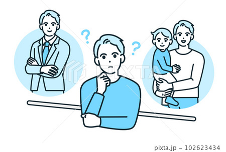 仕事も頑張りたいし家族との時間も大切にしたい。両立について考える男性のイラスト素材。 102623434