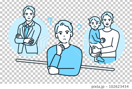 仕事も頑張りたいし家族との時間も大切にしたい。両立について考える男性のイラスト素材。 102623434