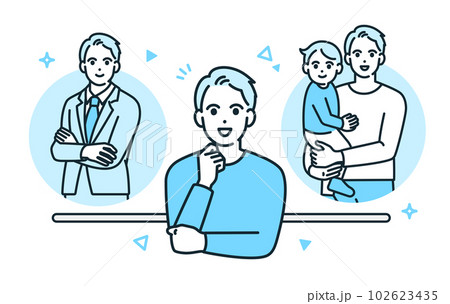 仕事もプライベートもバランスよく両立できている状態。充実した生活を送る男性のイラスト素材。 仕事もプライベートもバランスよく両立できている状態。充実した生活を送る男性のイラスト素材。 102623435